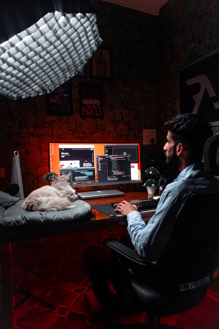collection-05 A man working at a computer in a home office with a cat nearby, using soft lighting for a cozy environment.
